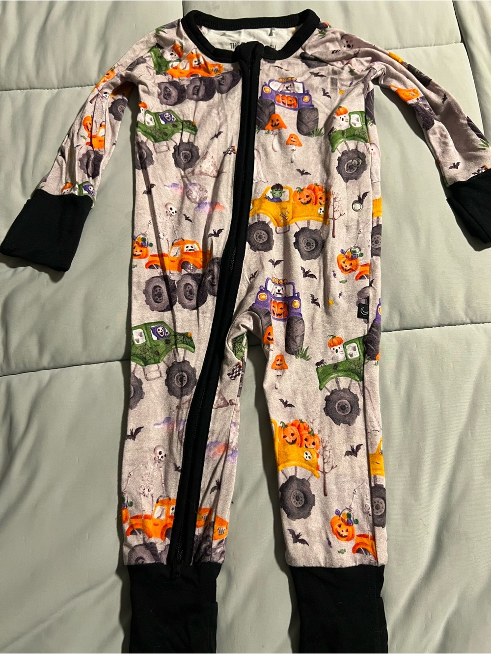 Kids Halloween Monster Truck Pajama Set - Gray with Orange & Green Accents